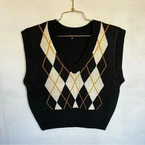 Argyle Sweater Vest Black/Multicolor V-Neck Soft Cozy Knitted
